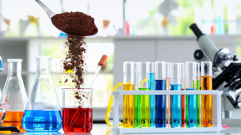 A table with several test tubes and a plant in the middle.