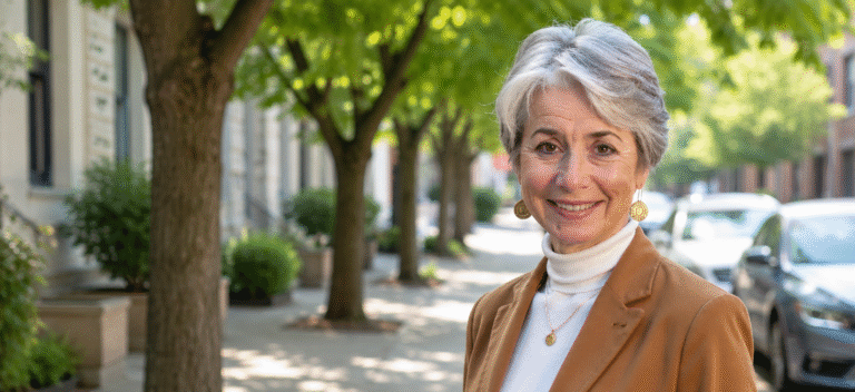 Smiling older woman on sunny tree-lined sidewalk
